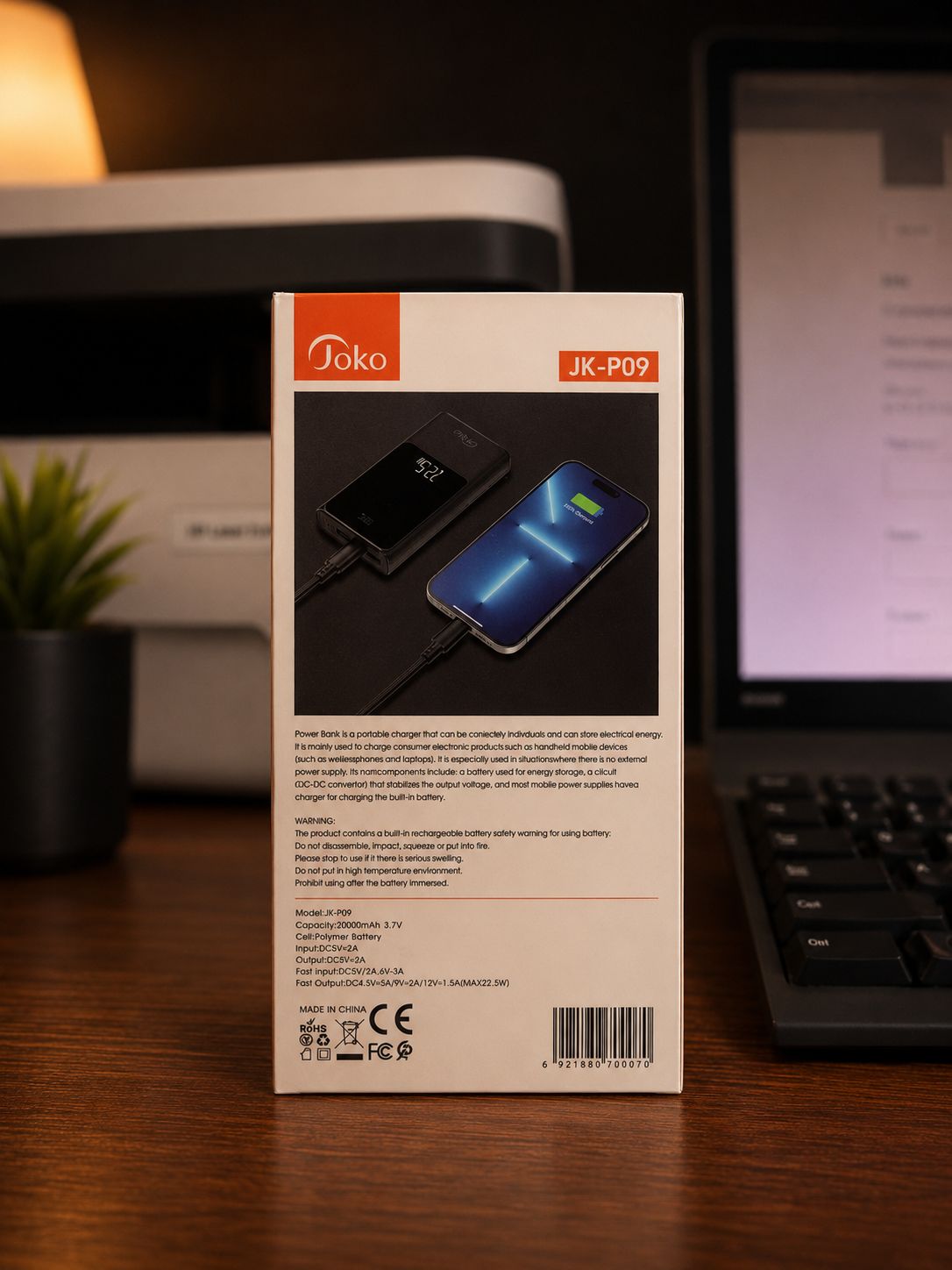 Power Bank Joko JK-P09 20000mAh Charge Rapide PD 22.5W avec Écran LED Digital – Image 4