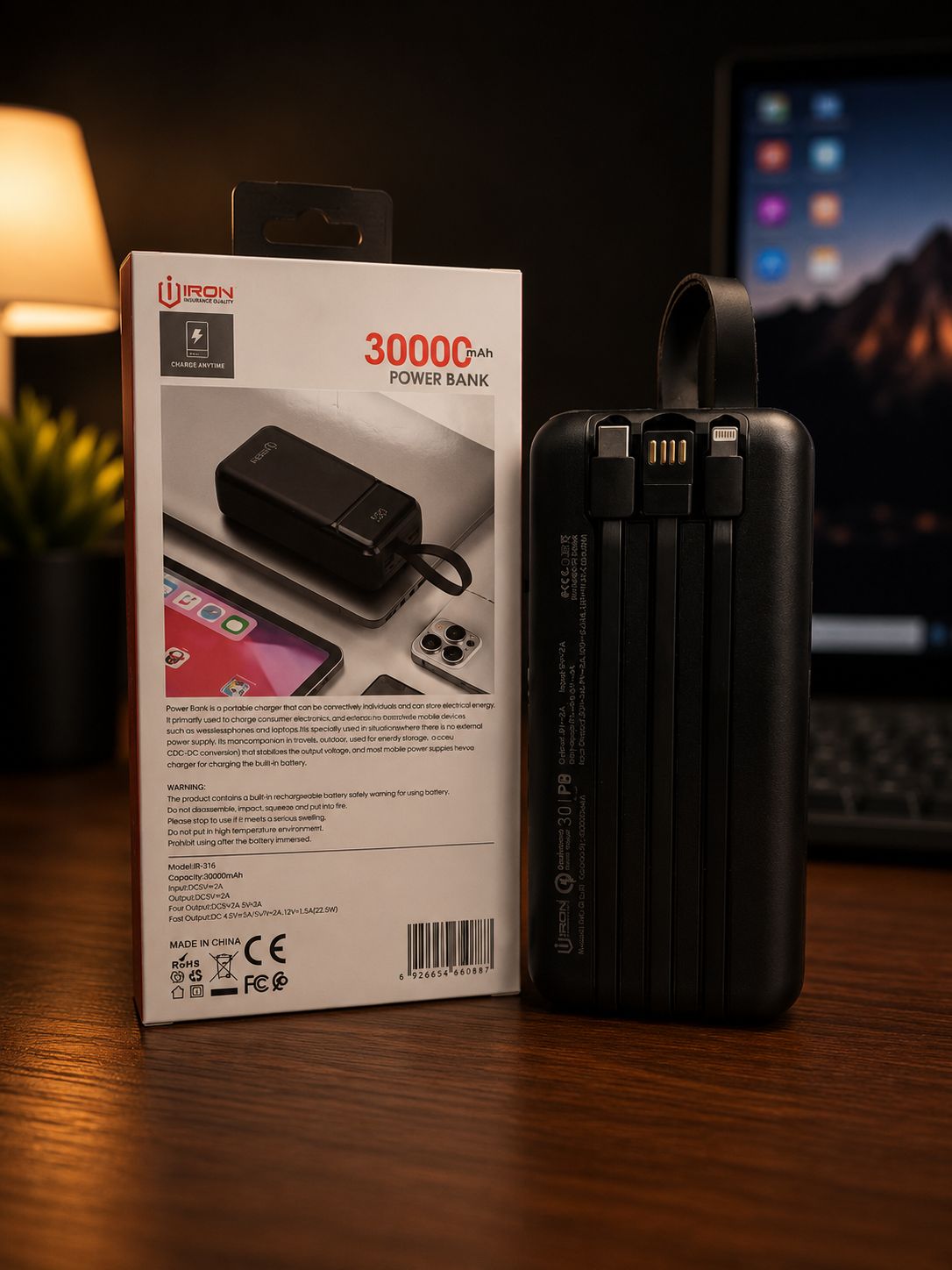 Power Bank IRON 30000mAh avec câbles intégrés – Image 3