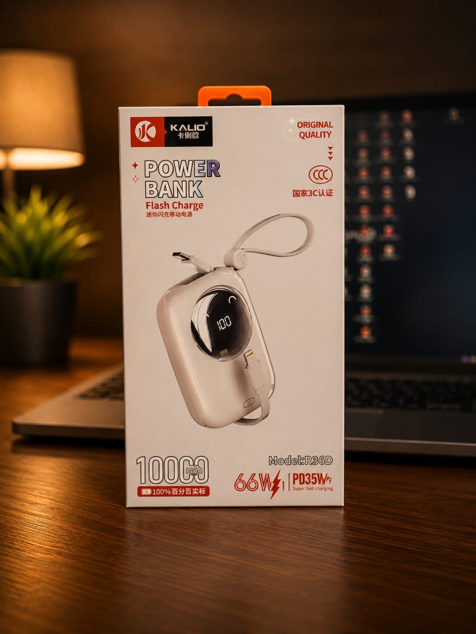 Power Bank KALIO R36D 10000mAh – Charge Rapide 66W avec Câbles Intégrés