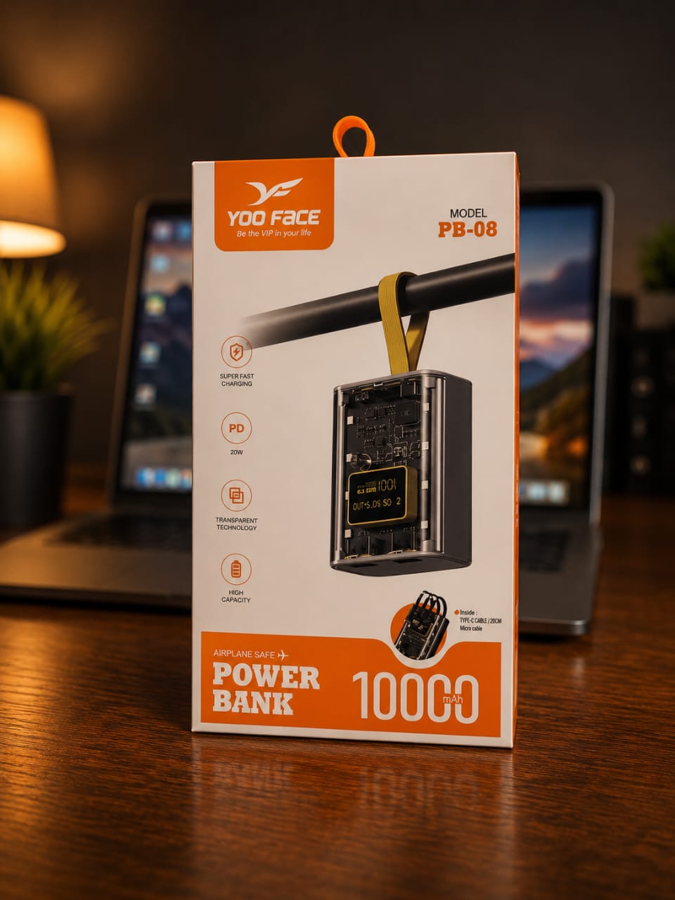 Power Bank YOO FACE PB-08 10000mAh – Écran Numérique & Câble Intégré