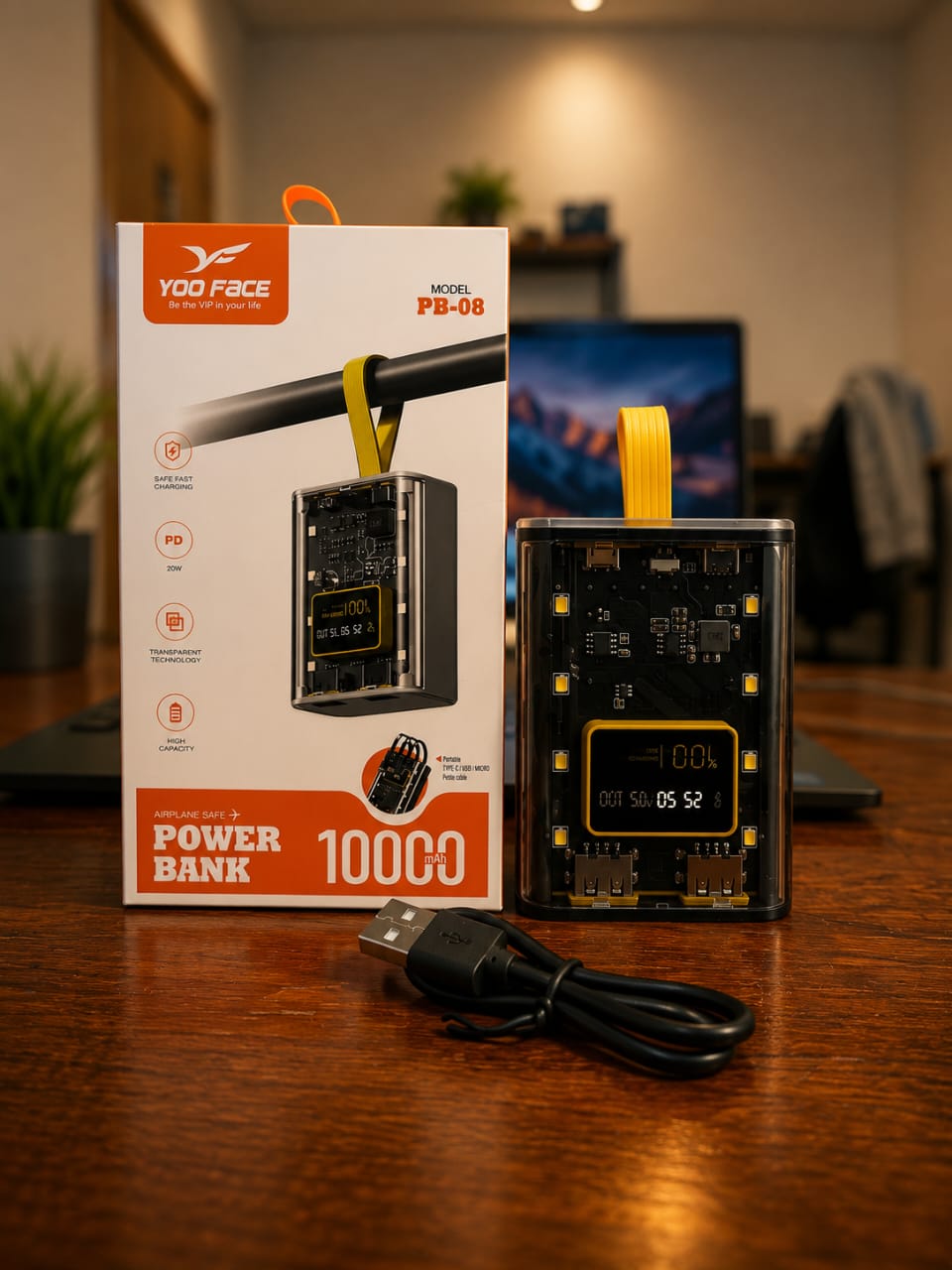 Power Bank YOO FACE PB-08 10000mAh – Écran Numérique & Câble Intégré – Image 3