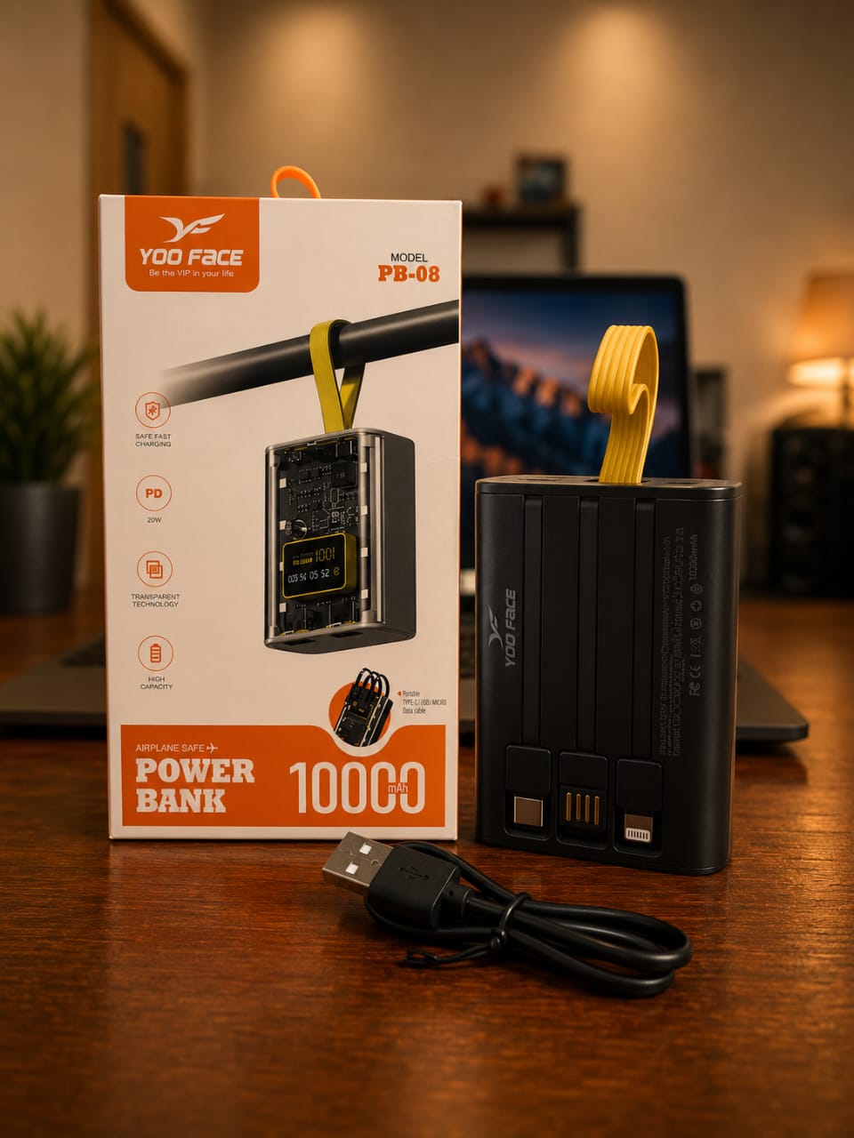 Power Bank YOO FACE PB-08 10000mAh – Écran Numérique & Câble Intégré – Image 4
