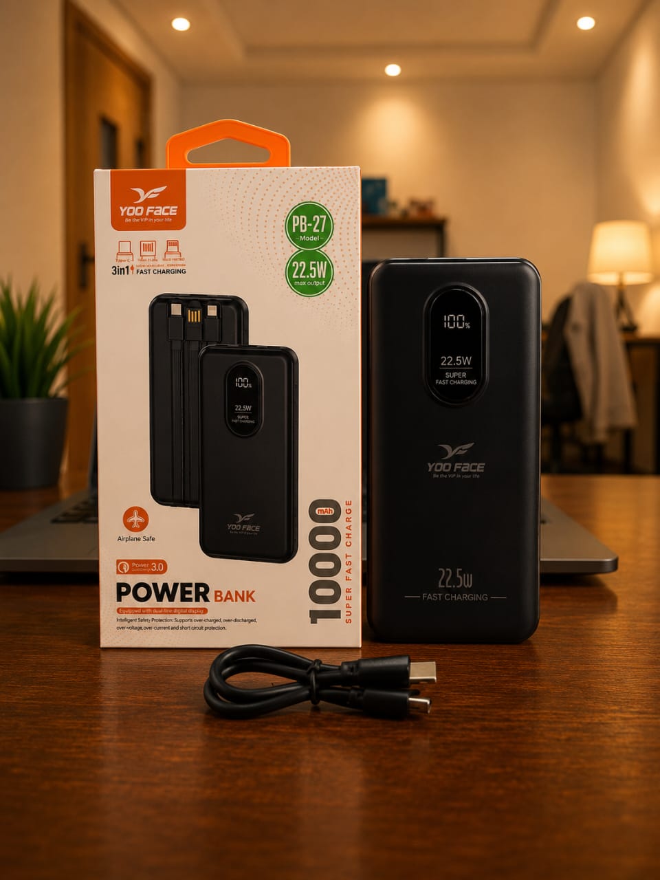 Power Bank YOO FACE PB-27 10000mAh – Charge Rapide 22.5W avec Câbles Intégrés – Image 3
