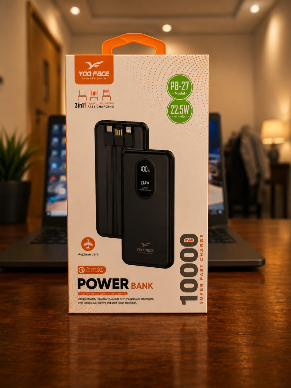 Power Bank YOO FACE PB-27 10000mAh – Charge Rapide 22.5W avec Câbles Intégrés