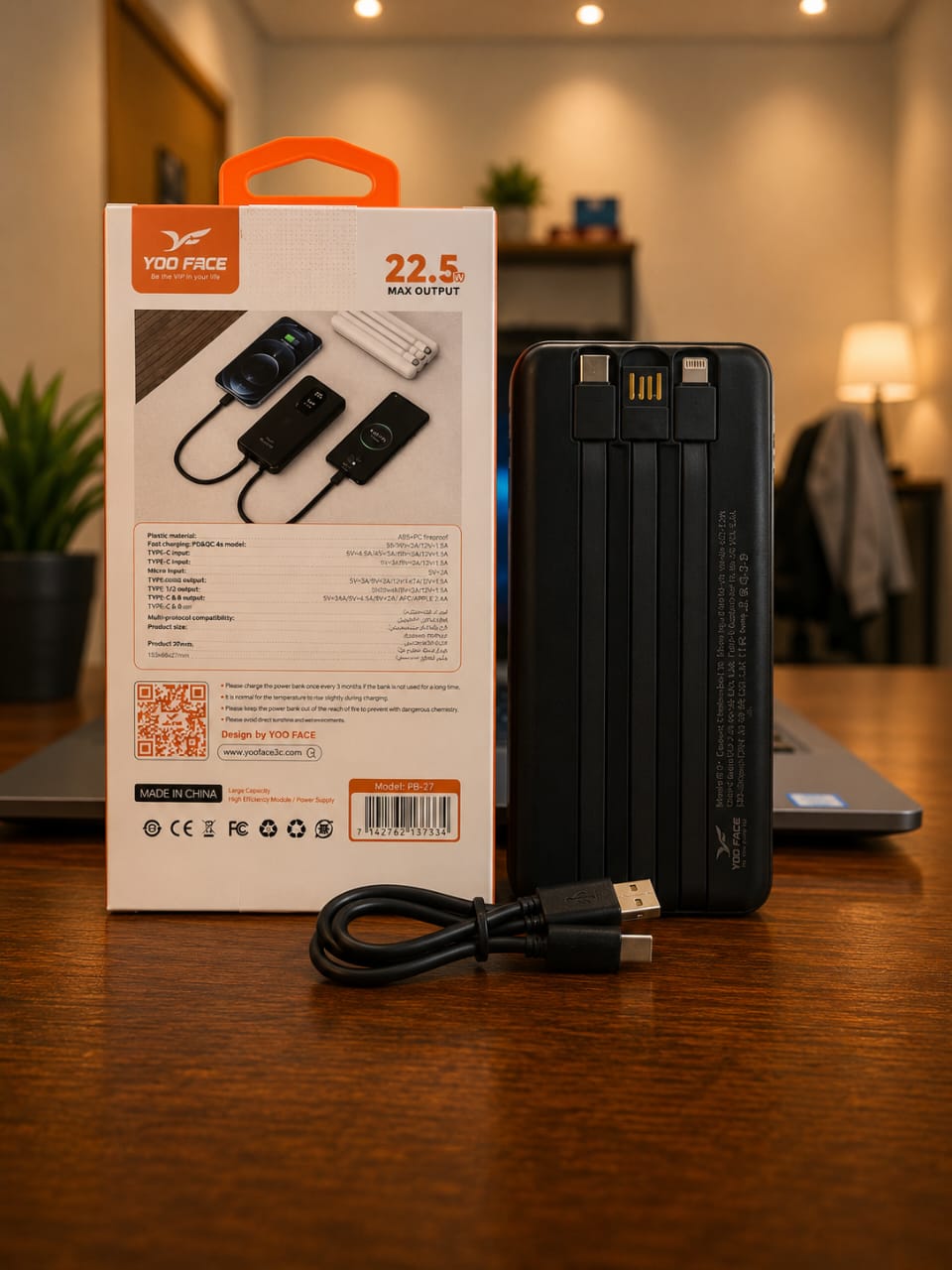 Power Bank YOO FACE PB-27 10000mAh – Charge Rapide 22.5W avec Câbles Intégrés – Image 6