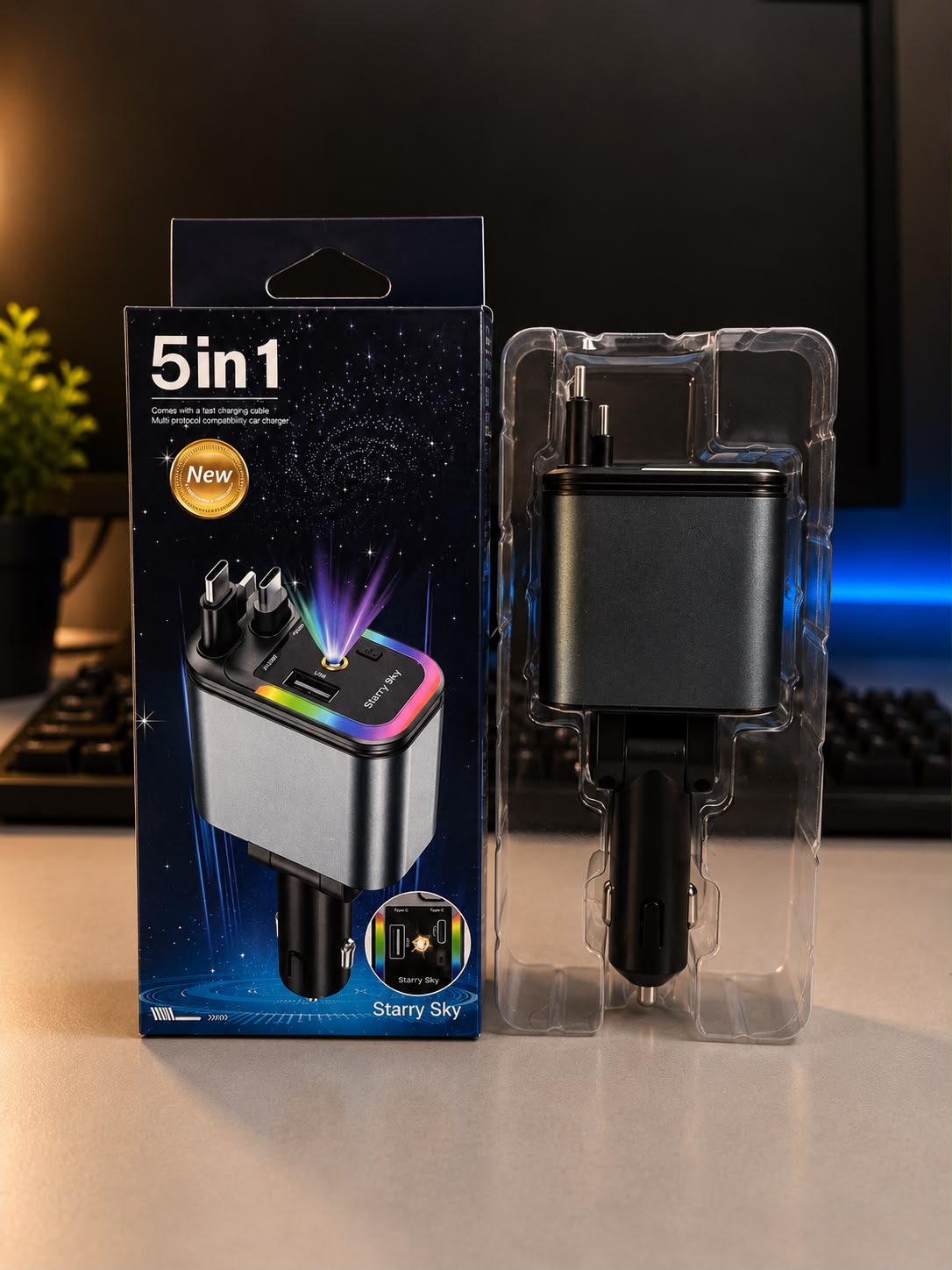 Chargeur Allume-Cigare 5-en-1 Starry Sky PD 30W – USB & Type-C avec Projecteur LED – Image 2
