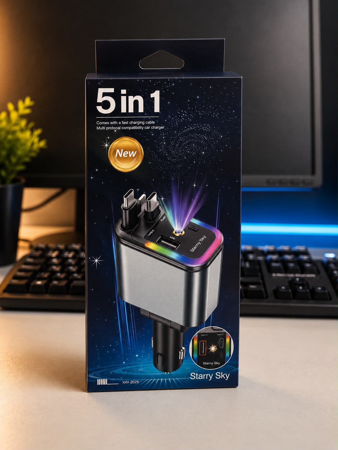 Chargeur Allume-Cigare 5-en-1 Starry Sky PD 30W – USB & Type-C avec Projecteur LED