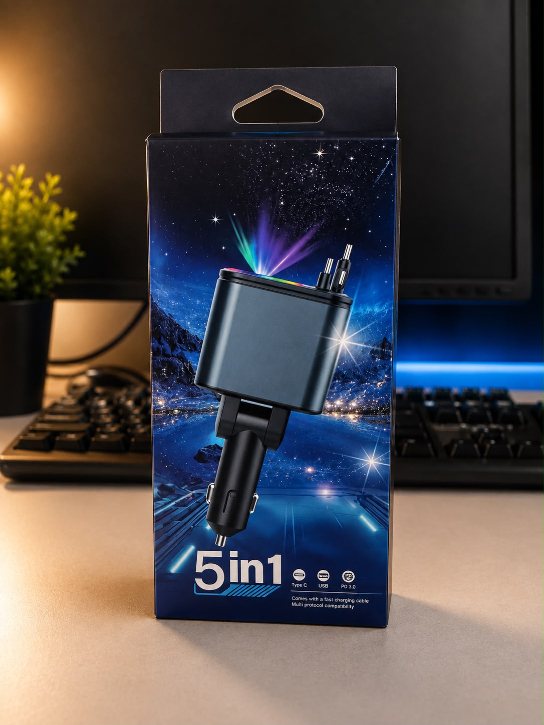 Chargeur Allume-Cigare 5-en-1 Starry Sky PD 30W – USB & Type-C avec Projecteur LED – Image 3