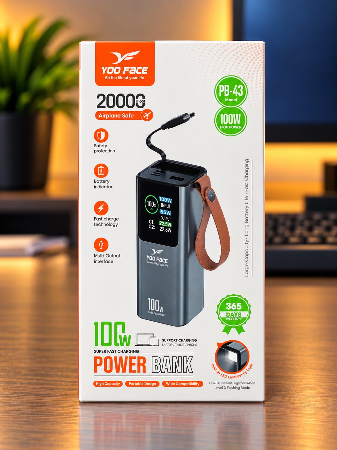 Power Bank YOO FACE PB-43 20 000mAh avec Charge Rapide 100W et Écran Digital
