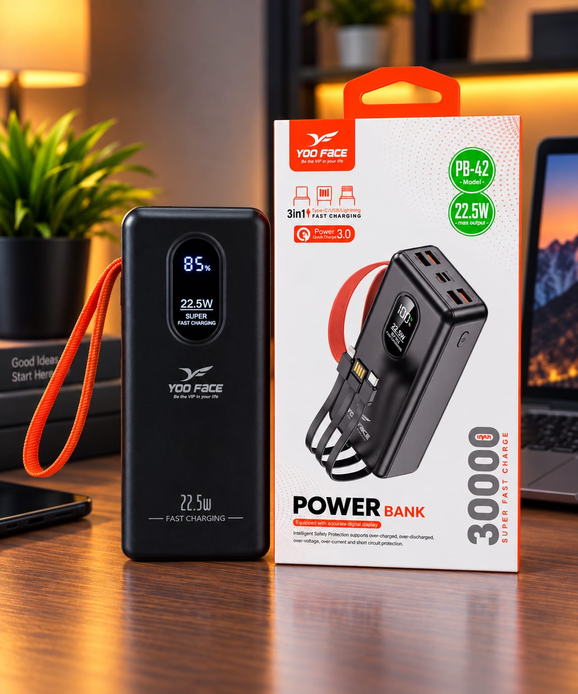 Power Bank YOO FACE PB-42 30000mAh 22.5W avec Écran Digital et Câbles Intégrés – Image 7