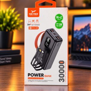 Power Bank YOO FACE PB-42 30000mAh 22.5W avec Écran Digital et Câbles Intégrés