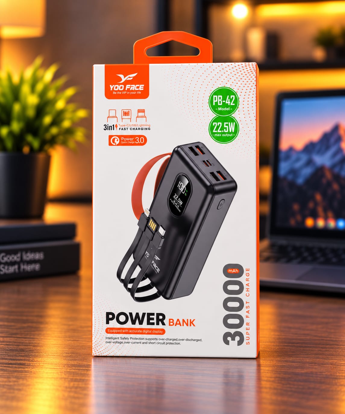 Power Bank YOO FACE PB-42 30000mAh 22.5W avec Écran Digital et Câbles Intégrés