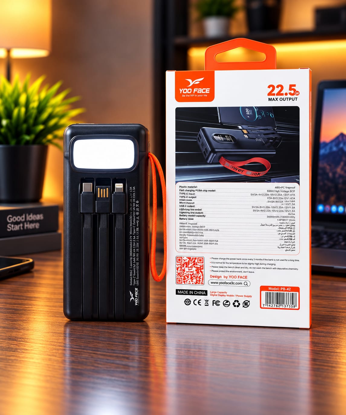 Power Bank YOO FACE PB-42 30000mAh 22.5W avec Écran Digital et Câbles Intégrés – Image 3
