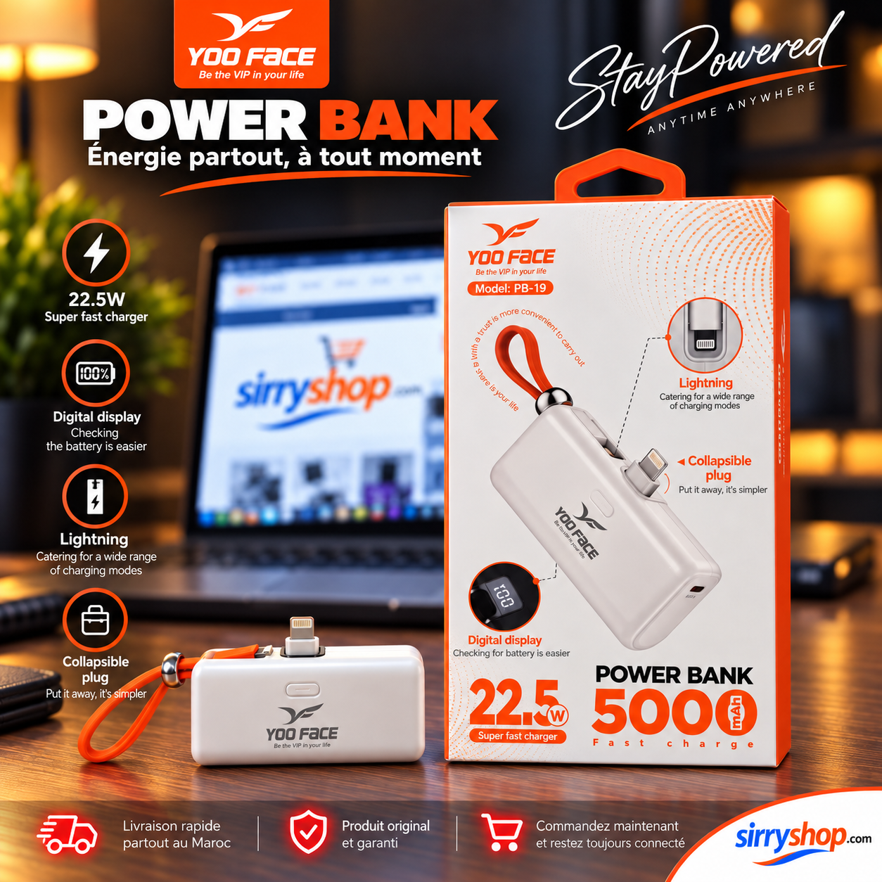 Power Bank YOO FACE PB-19 5000mAh 22.5W avec Écran Digital et Connecteur Lightning
